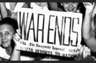 In a photo by Ed Westcott, residents of Oak Ridge, TN, fill Jackson Square to celebrate the surrender of Japan. Oak Ridge was one of the three main sites of the Manhattan Project, and was responsible (though those working there did not know it) for refining uranium to be shipped to Los Alamos to be fashioned into atomic bombs.